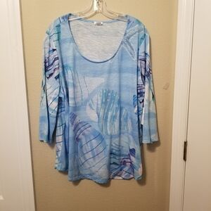SUN BAY Womens Top size 2X   3/4 Sleeve Blue/White Beachy NWT